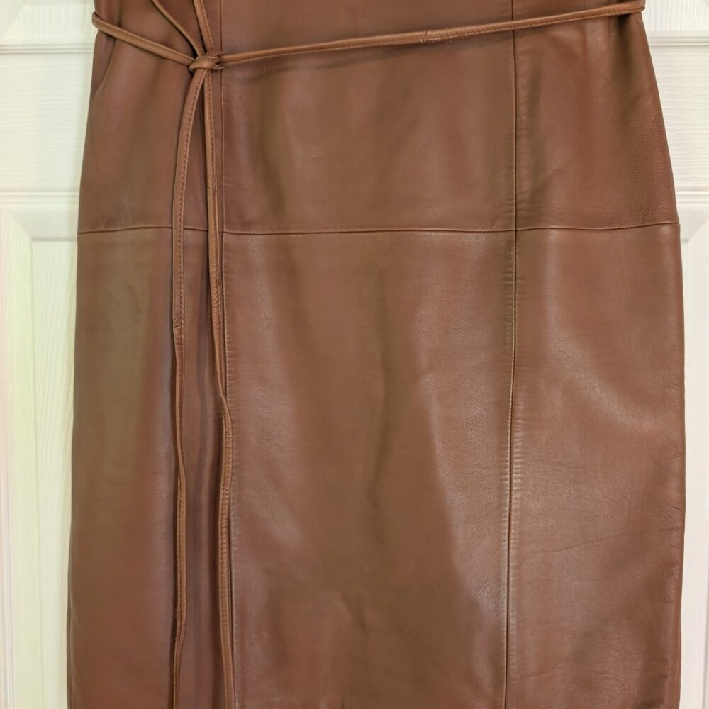 Antonio Melani Leather Pencil Skirt Brown Lined Size M Back Zip Removable Belt